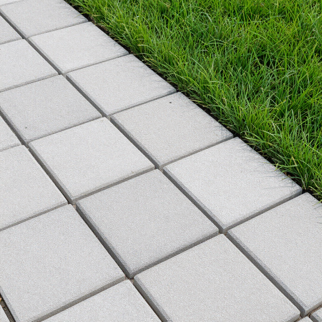 Gray pavement tiles next to green grass.