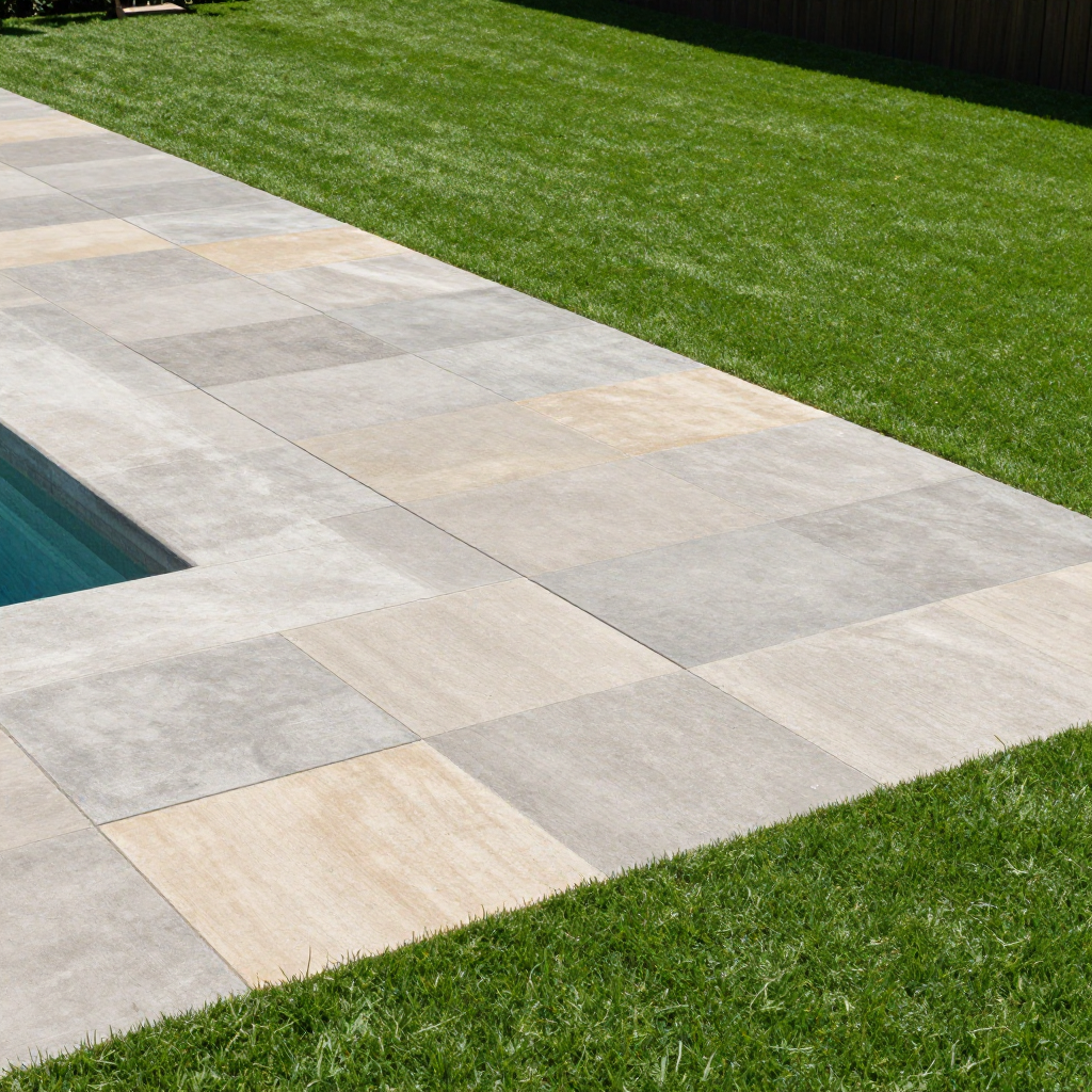 Stone patio beside a pool and green lawn.