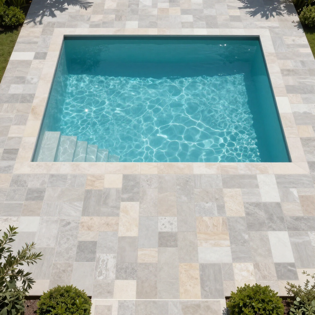 Square swimming pool with light blue water, surrounded by light gray paving stones.