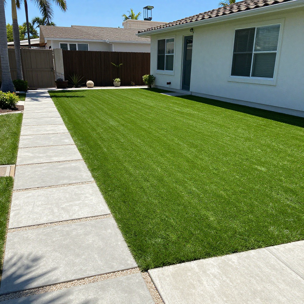 A modern yard with a paved walkway beside a rectangular patch of artificial green grass, and a white house.