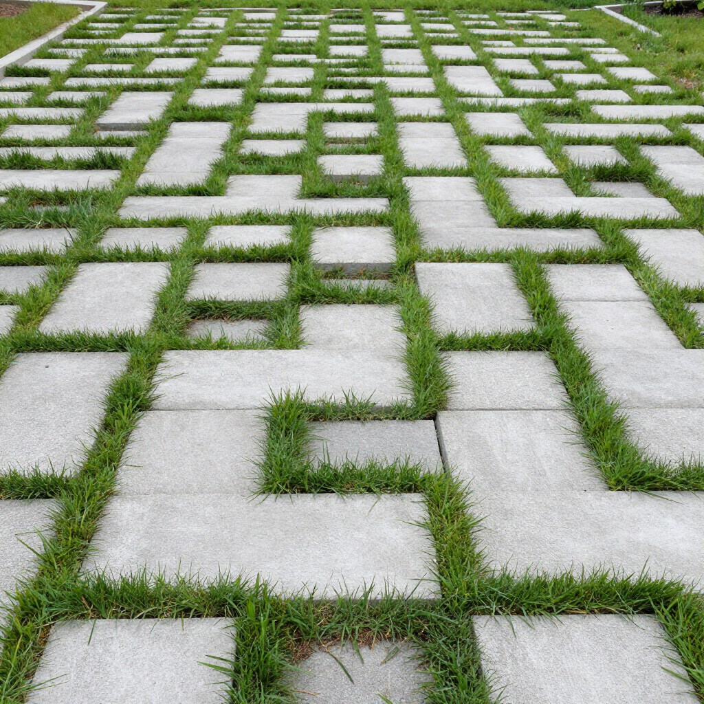 Gray rectangular pavers with grass growing in between, forming a grid pattern.