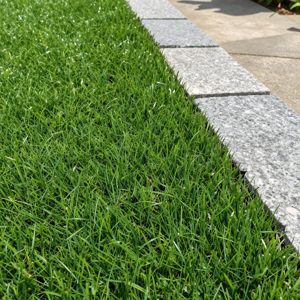 Lush green grass borders a gray stone edge next to a concrete sidewalk.