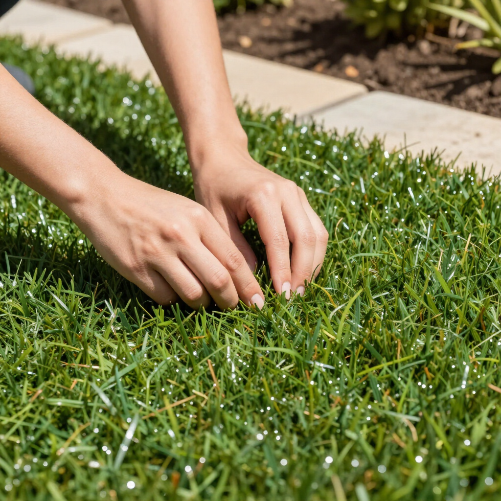 Hands tending to lush green grass, near a stone border.