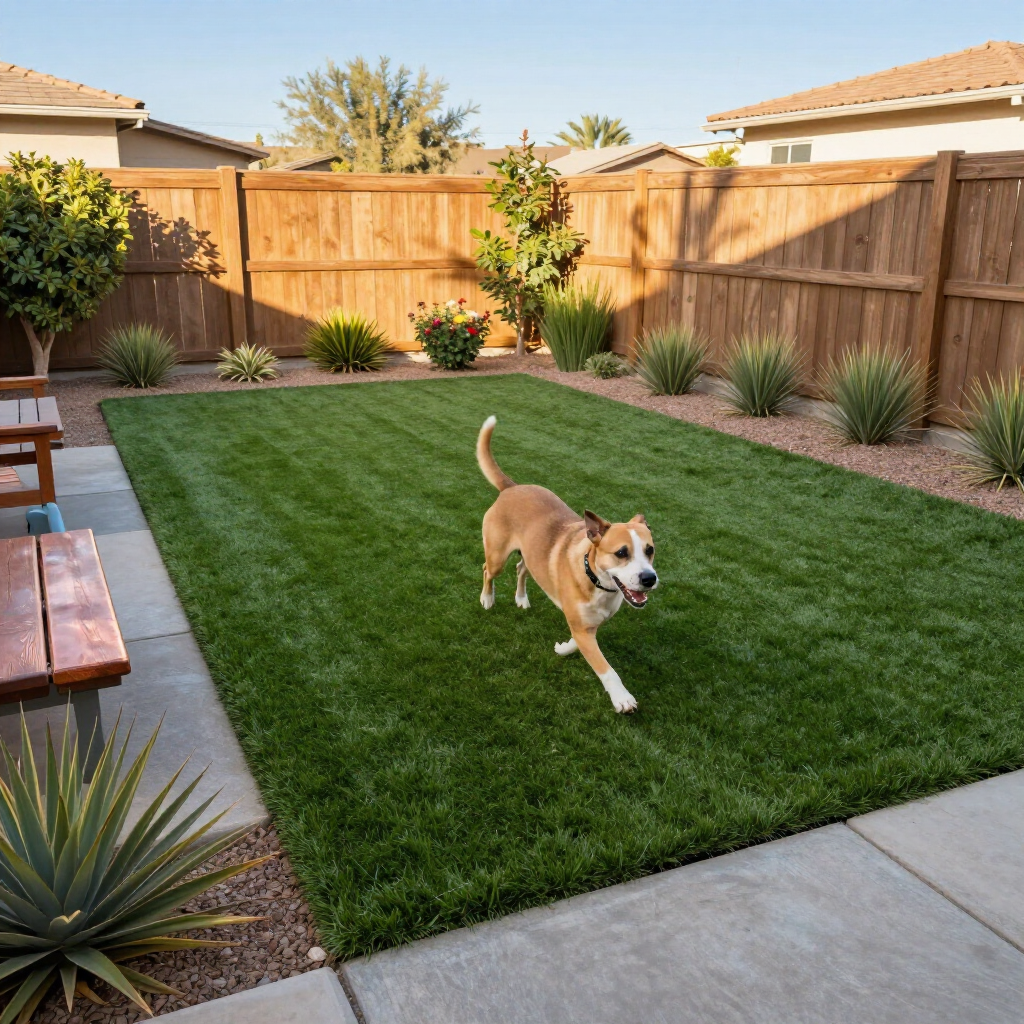 Dog running happily across a green lawn in a backyard, with a wooden fence and plants.