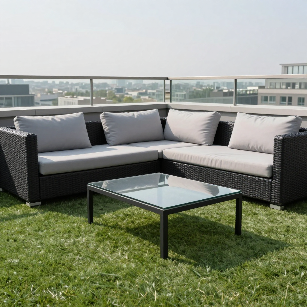 Black wicker outdoor sectional sofa with gray cushions and coffee table on rooftop patio.