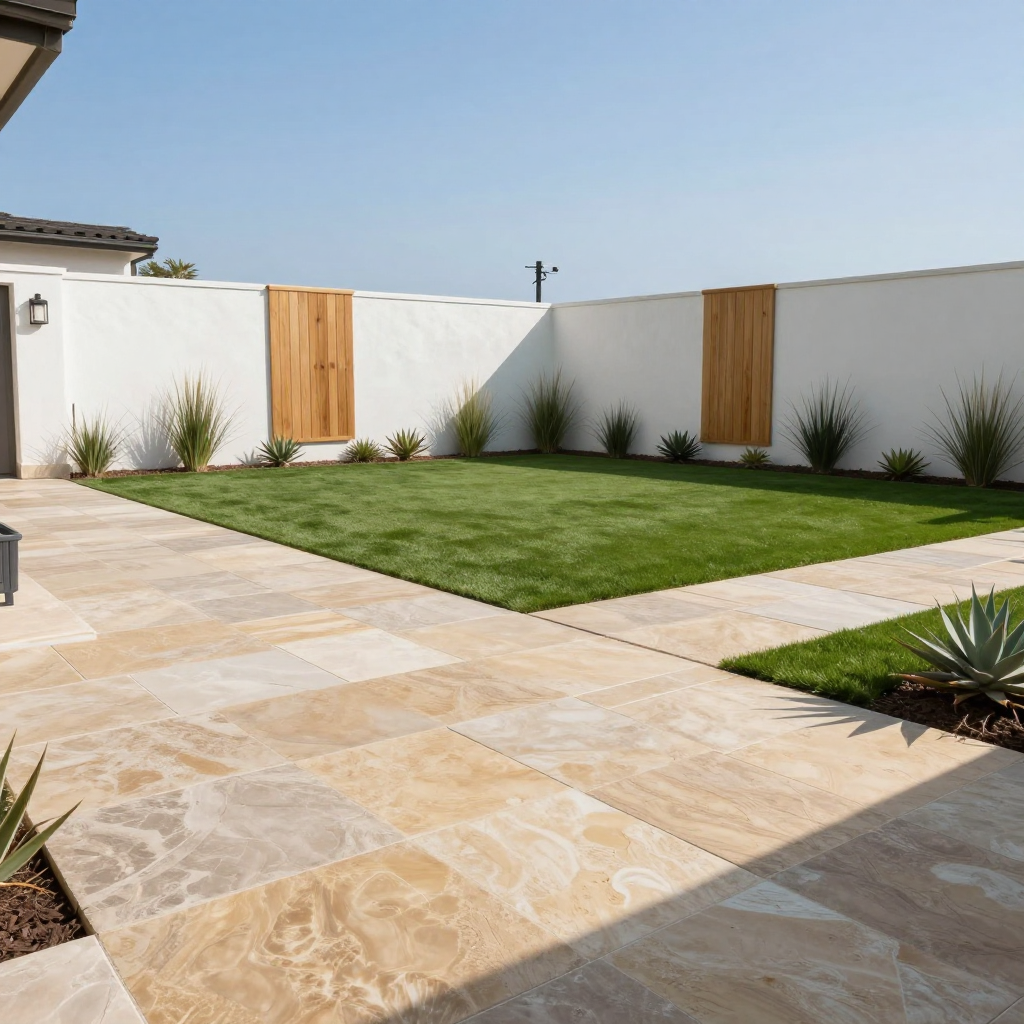 Stone patio with a grassy backyard surrounded by white walls and wooden accents.