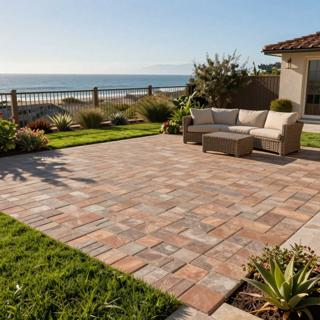 Patio with brick pavers, outdoor sofa, ocean view, green grass, sunny day.