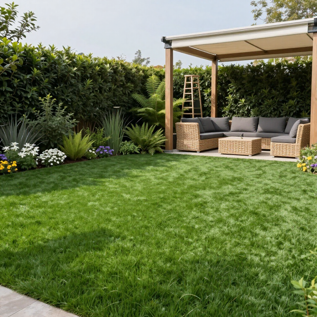 Lush green backyard with seating area under a pergola; lawn, shrubs, flowers, and a ladder are visible.