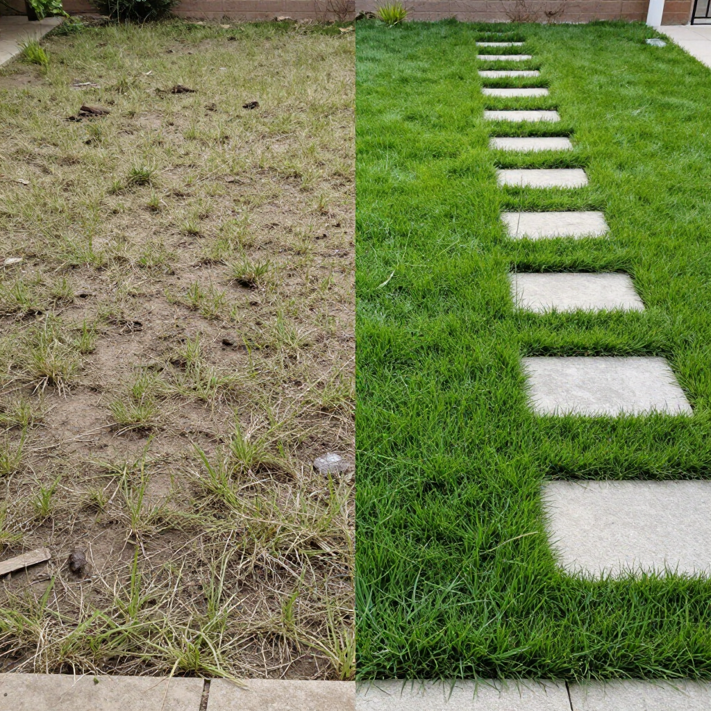 A split photo: left shows sparse, brown grass; right shows lush green grass with stone path.