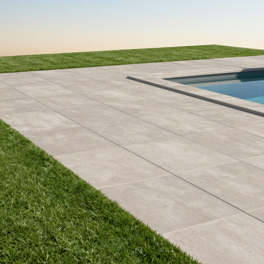 Gray patio tiles bordering a pool and green grass.