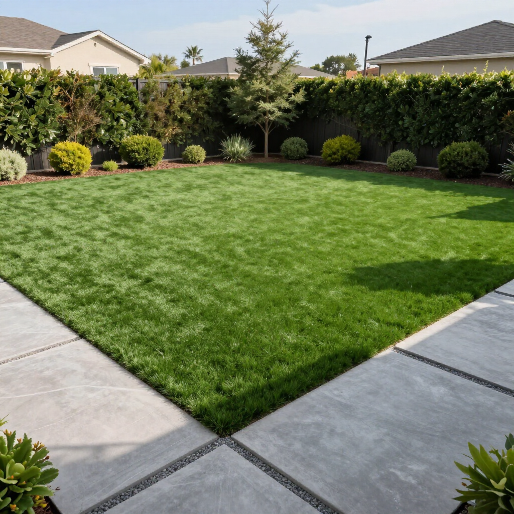 Lush green lawn surrounded by gray stone patio and hedges, with a tree in the center. Sunny day.