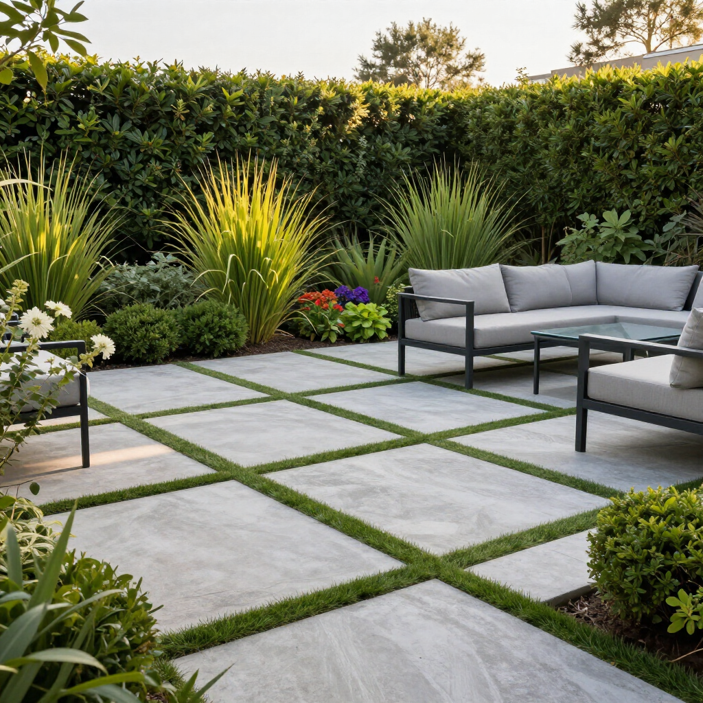 Patio with gray concrete tiles, green grass strips, and outdoor seating surrounded by lush greenery.