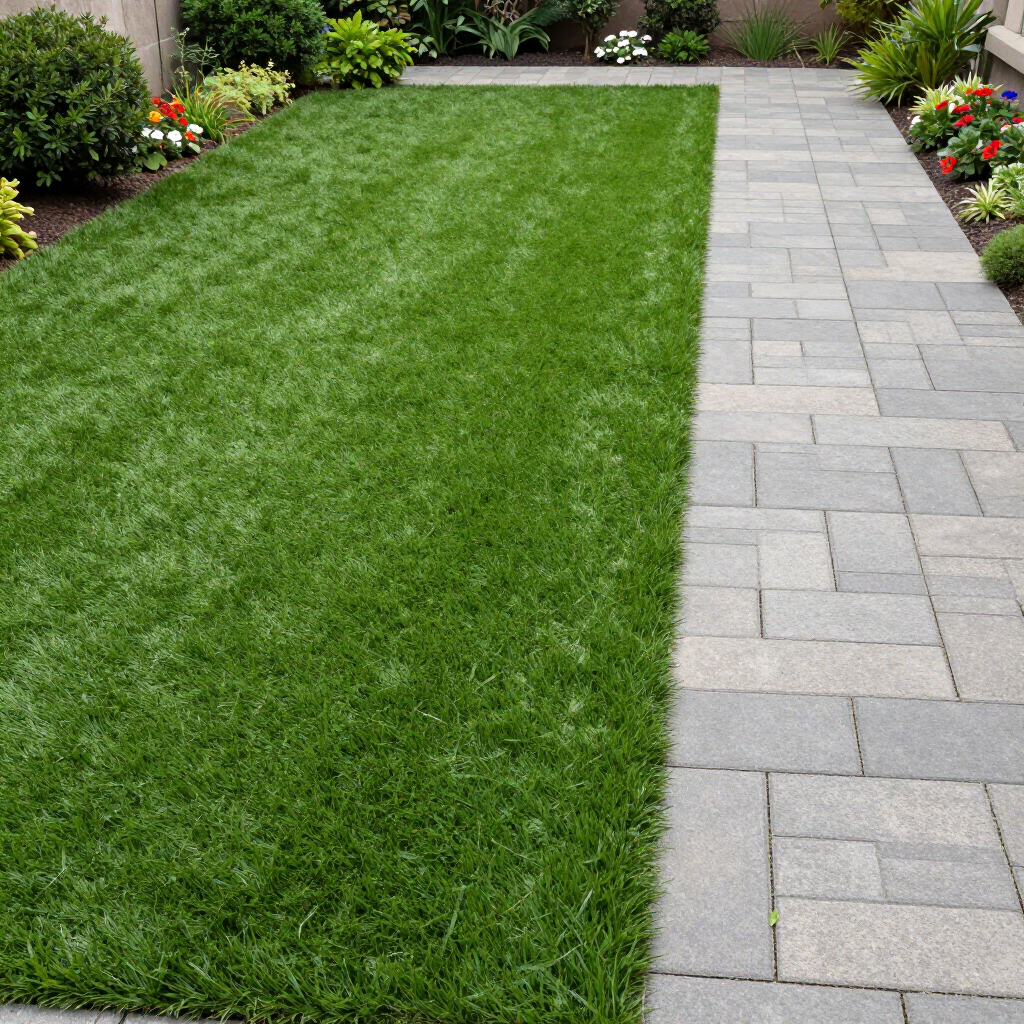 Lush green grass beside a gray brick pathway, framed by flowerbeds and shrubbery.