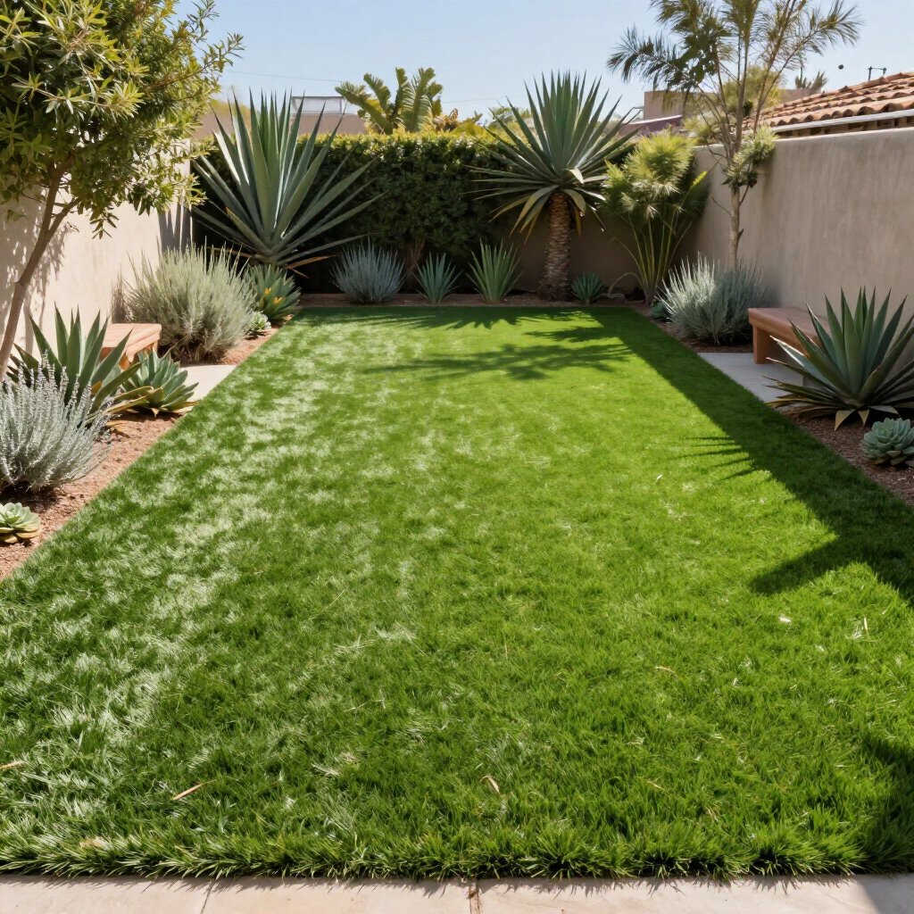 A rectangular green lawn framed by a low wall, plants, and benches. Sunny outdoor setting.