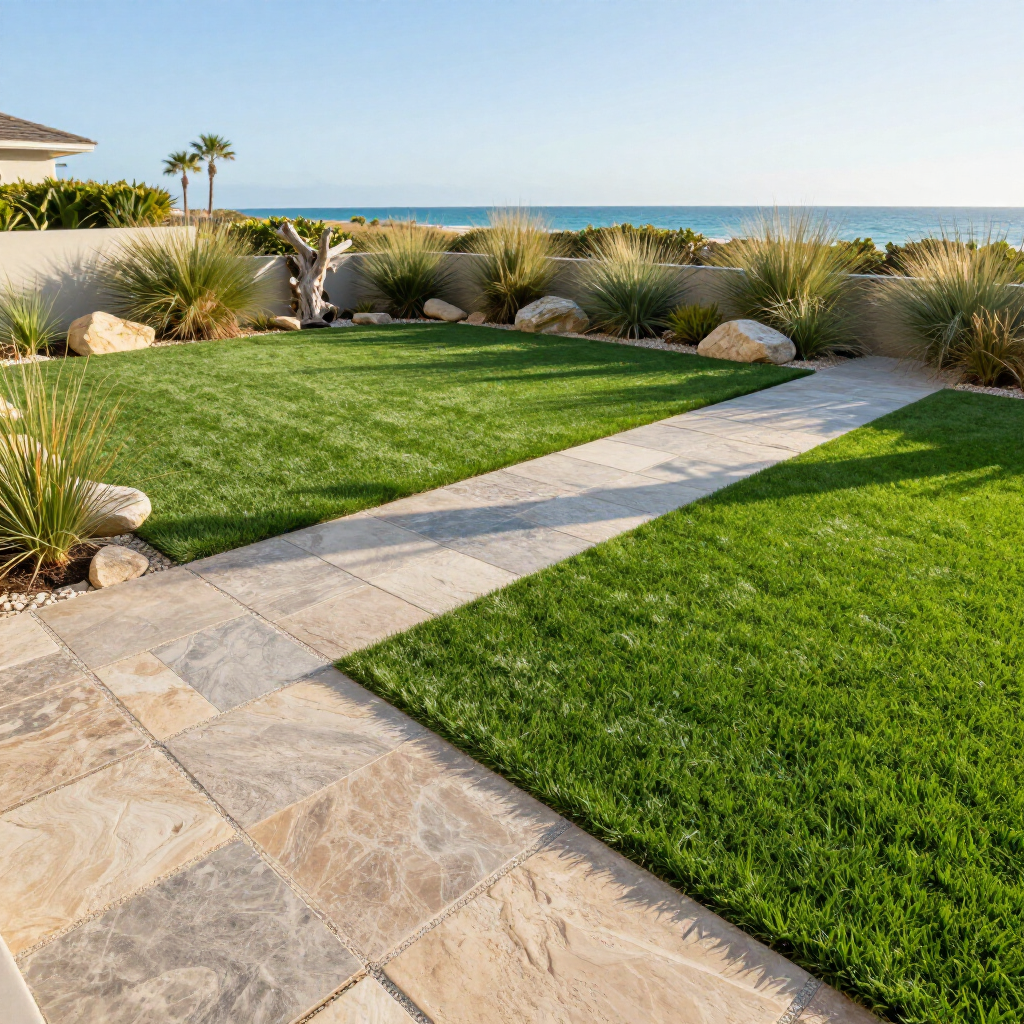Lush green lawn with stone pathway leading to the ocean.