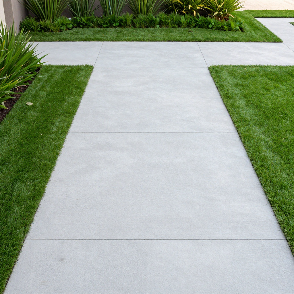 Gray concrete pathway with green grass on either side.