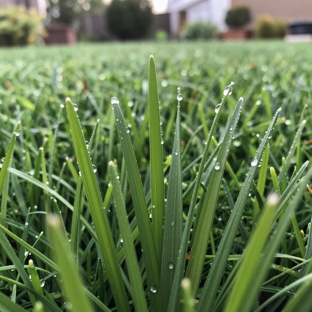 Close-up of green grass blades with water droplets, in a yard.