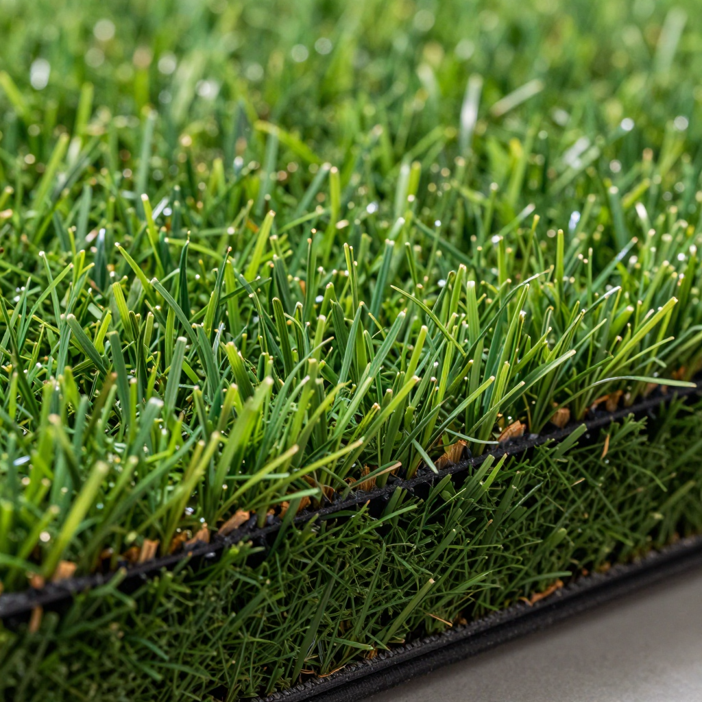 Close-up of artificial grass, showing green blades and black backing material.