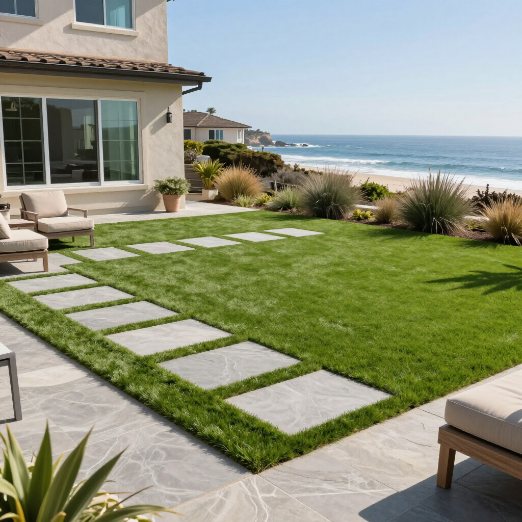 Lush green lawn with stepping stones leading to a beach view, bordered by a patio and house.