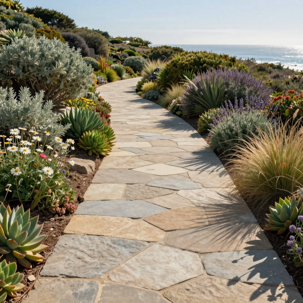 Stone path winds through a garden of diverse plants overlooking ocean.