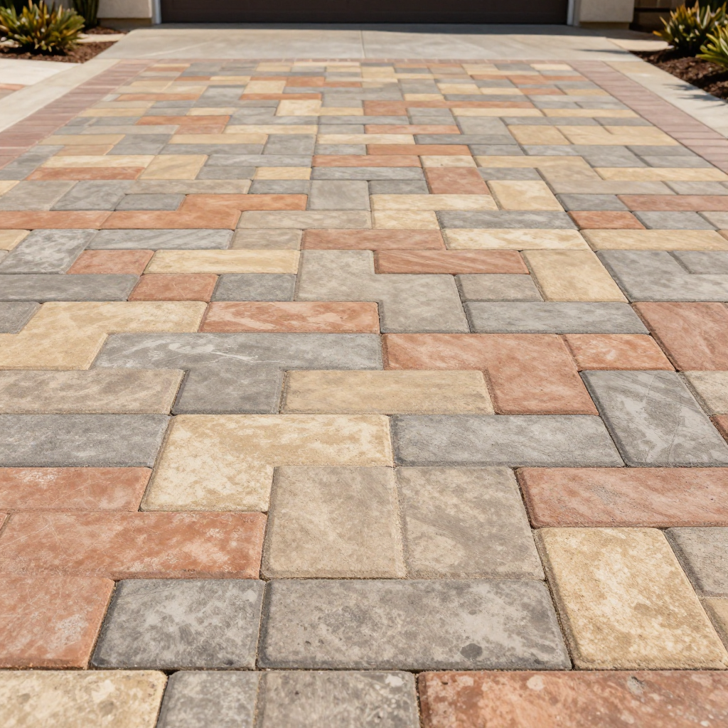 Multi-colored brick driveway leading towards a garage.