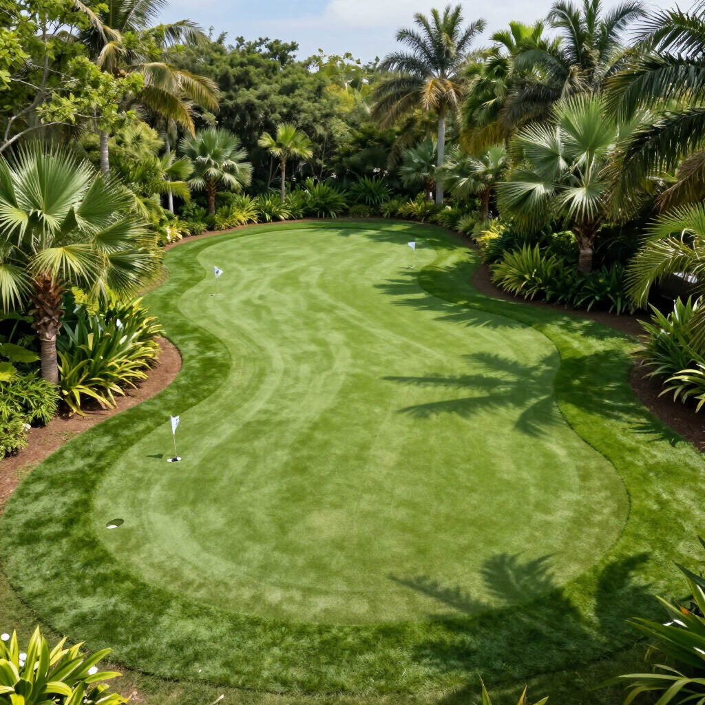 Well-manicured putting green surrounded by lush tropical landscaping and palm trees.