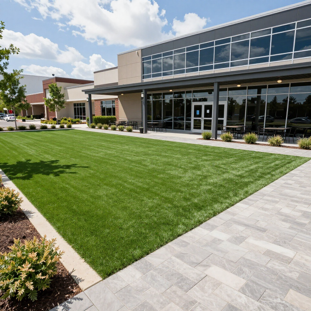 Green lawn in front of modern building with glass windows, gray pavers, and blue sky.