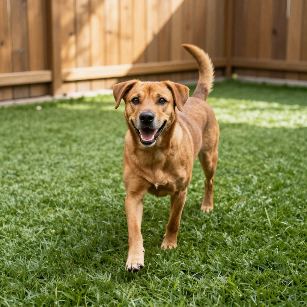 Brown dog with happy expression walking on green grass in fenced yard.