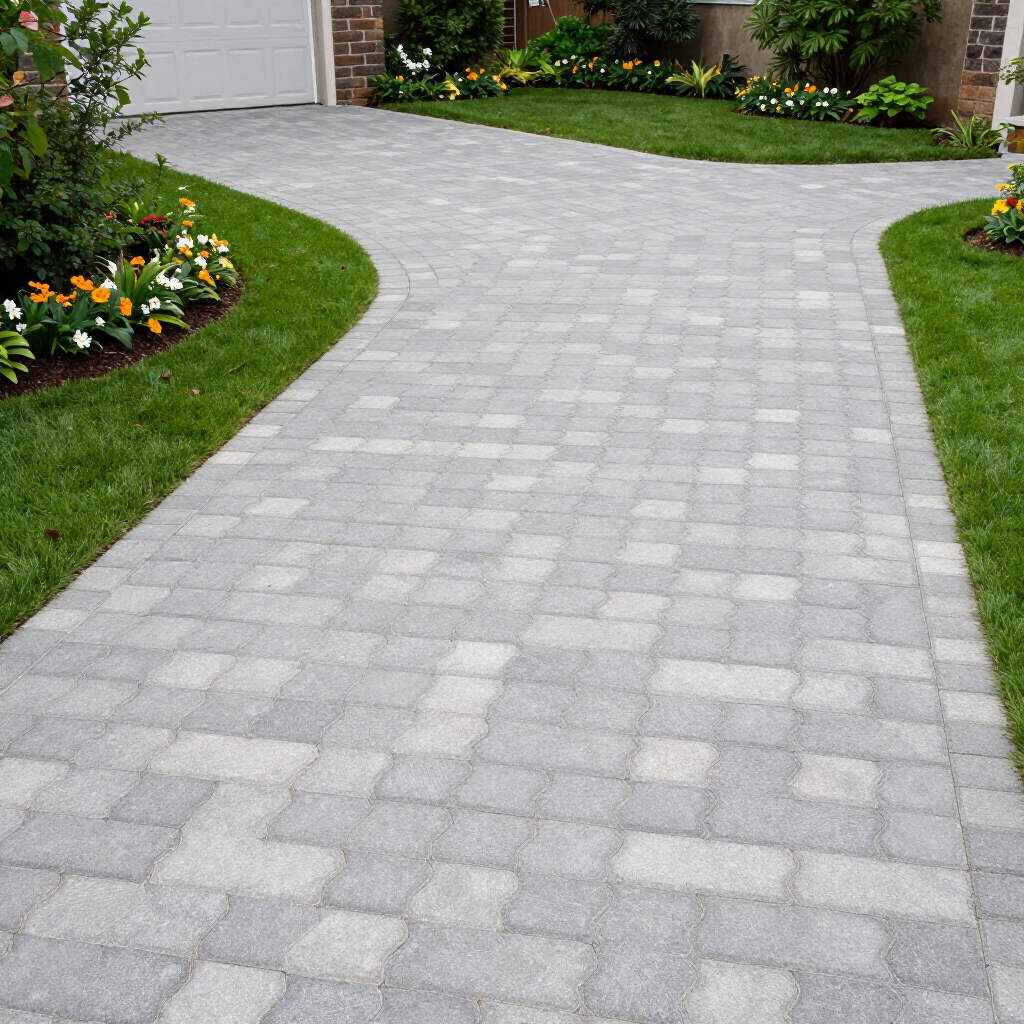 Paver driveway curving to a garage, surrounded by green grass and flowerbeds.