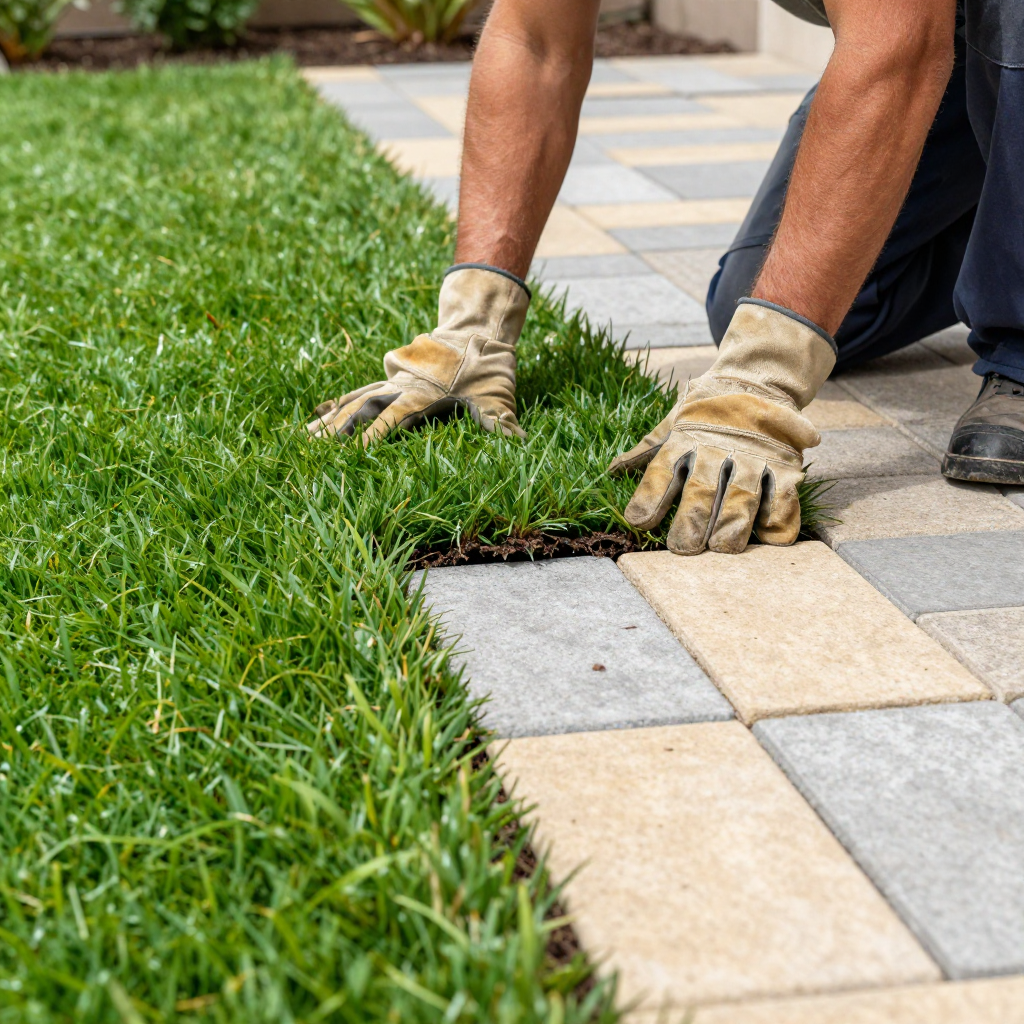 Person wearing gloves laying sod next to a brick pathway.