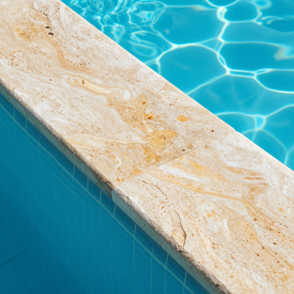 Pool edge with beige stone and blue water.