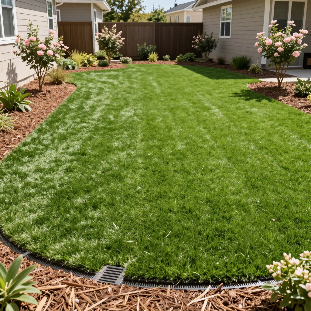 Well-manicured green lawn with landscaping and a drainage grate. Two houses flank the lawn.