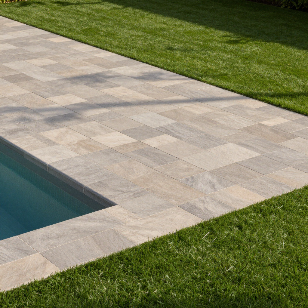 Poolside with light gray stone pavers and green grass.