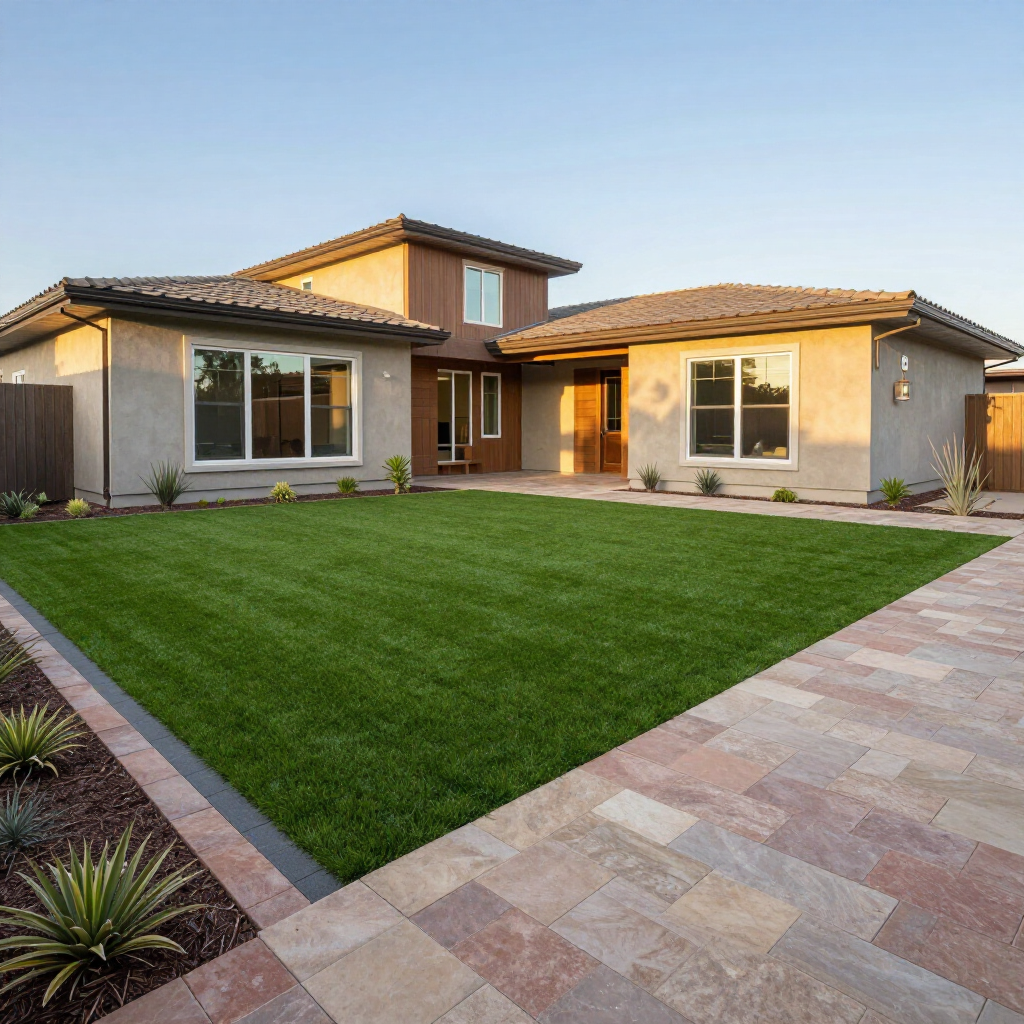 Modern home with a grassy lawn and stone walkway.