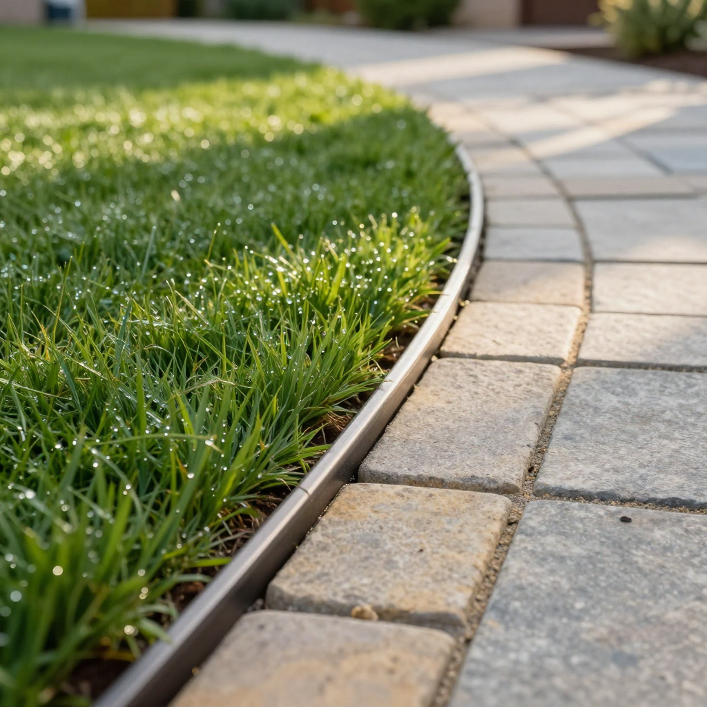 Lawn edge with metal border separating green grass from a stone walkway, outdoors.