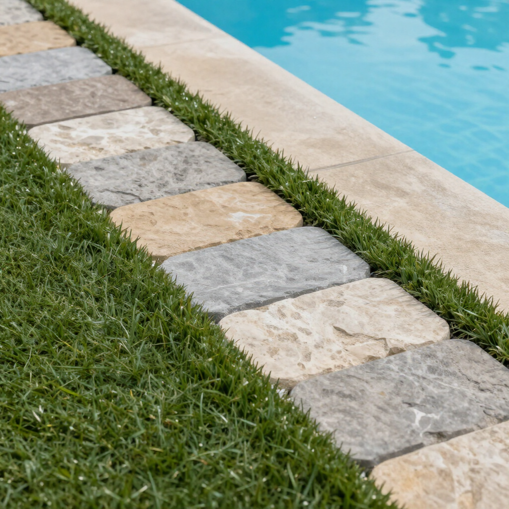 Stone pathway next to a pool with green grass and light-colored pool coping.
