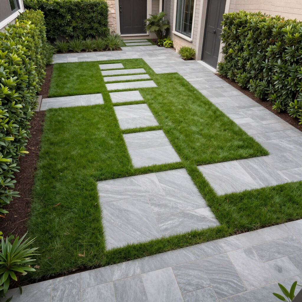 Pathway with stone pavers and grass surrounded by hedges.