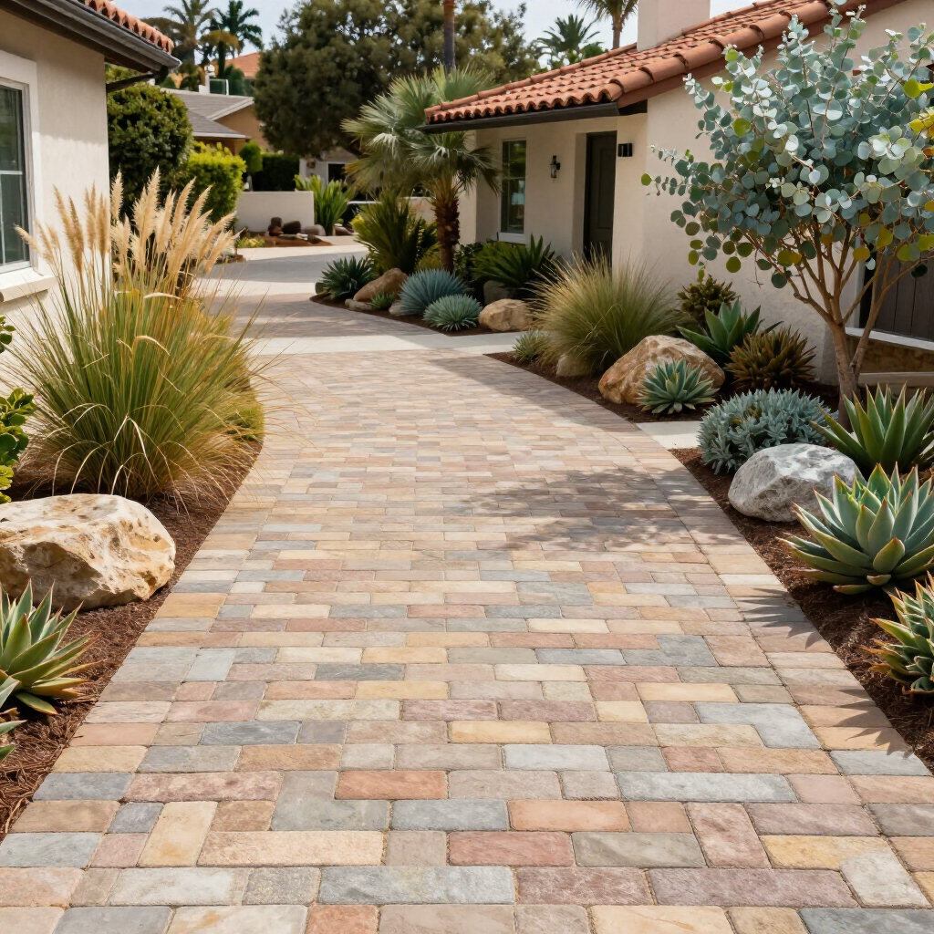 Brick pathway lined with drought-tolerant landscaping leads to a Spanish-style house.