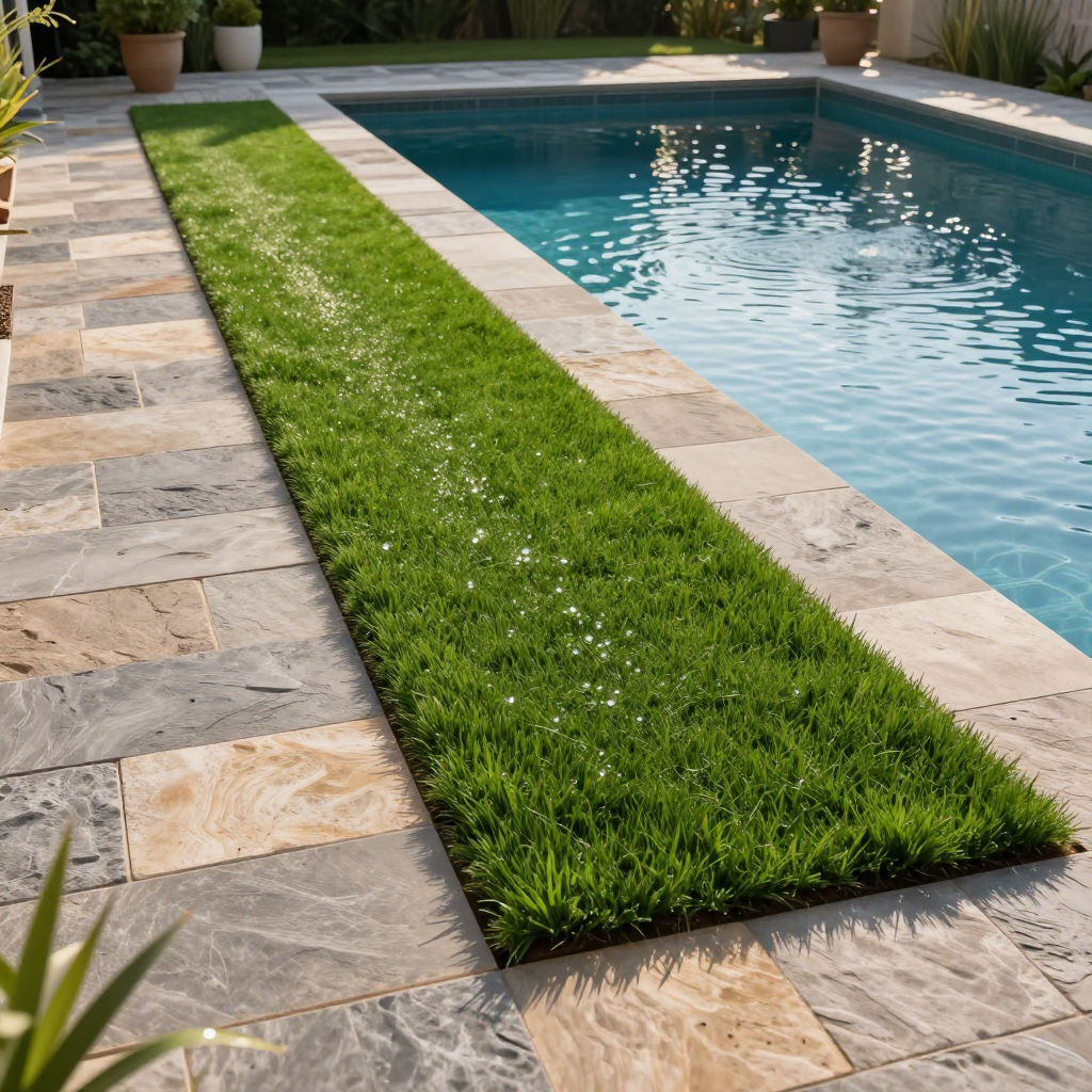 Long, narrow patch of green grass between pool and stone patio.