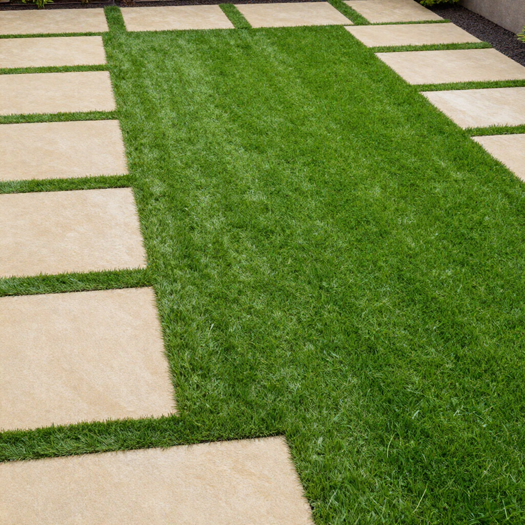 Lawn with rectangular stone pavers in a backyard. Grass is green, pavers are tan.