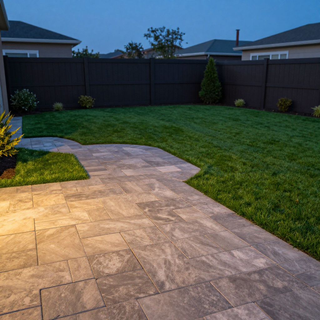 Backyard patio and lawn at dusk with dark fence.