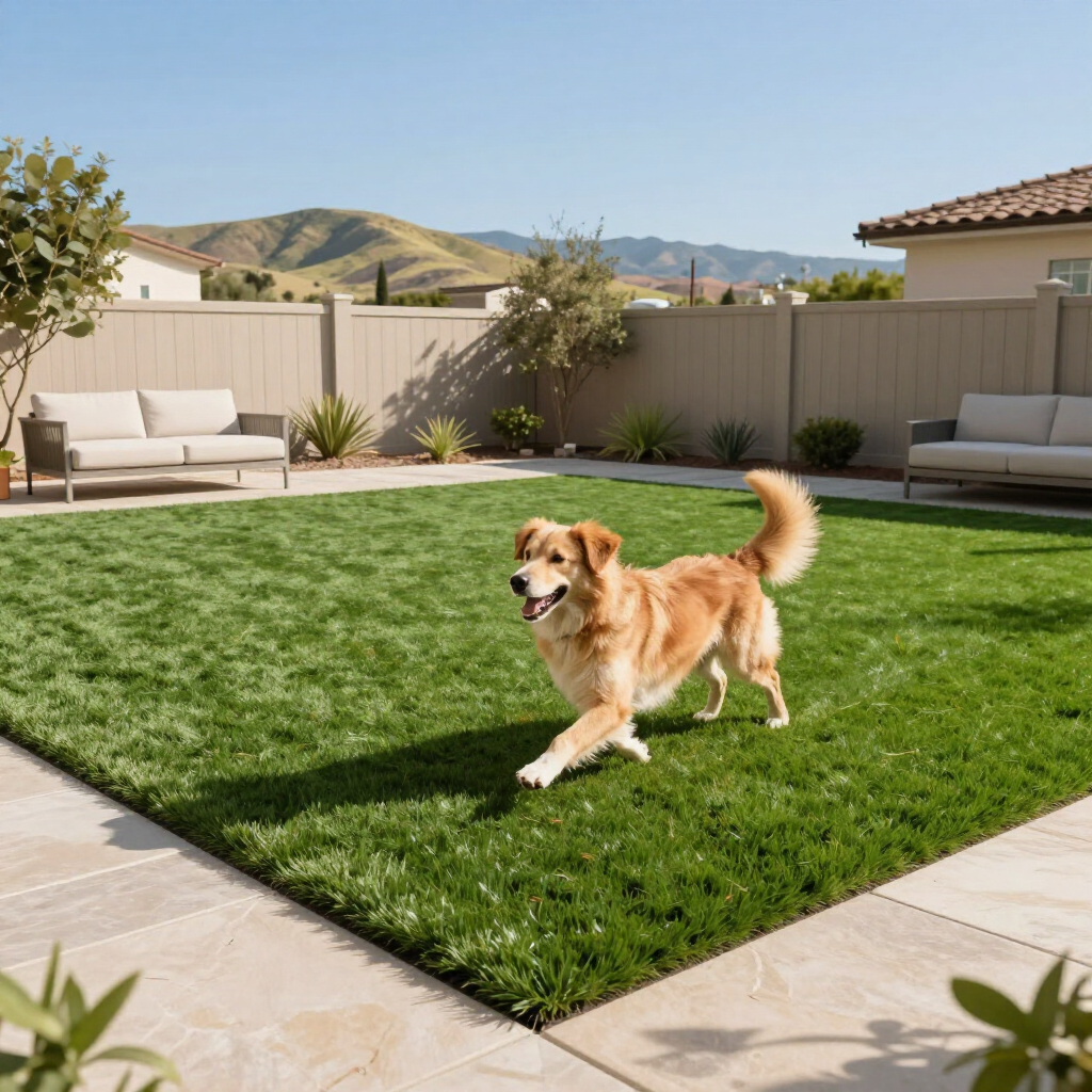 Golden retriever running happily on green grass in a backyard with a fence, two couches, and mountains.