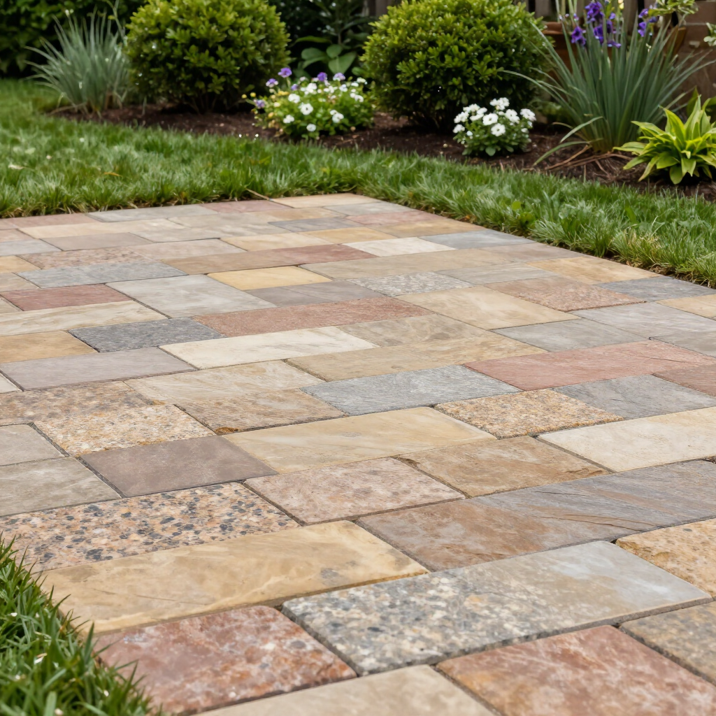 Stone patio with multi-colored rectangular pavers bordered by grass and garden plants.