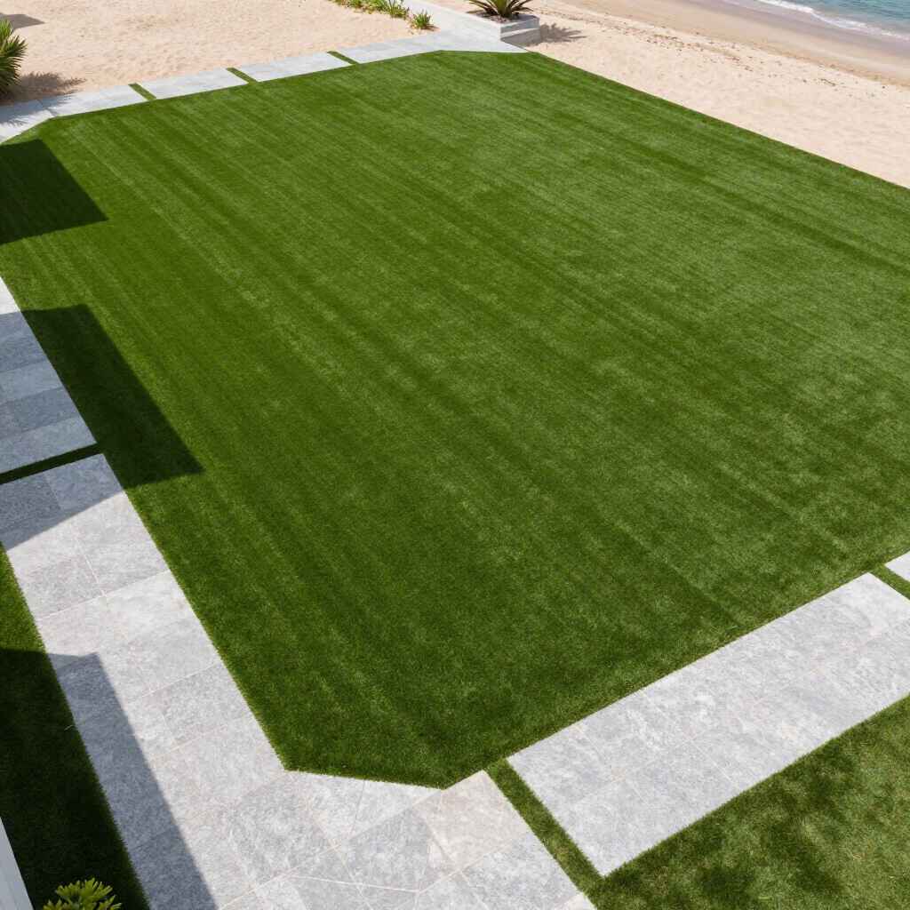 A rectangular green lawn next to a sandy beach. Concrete pathway.
