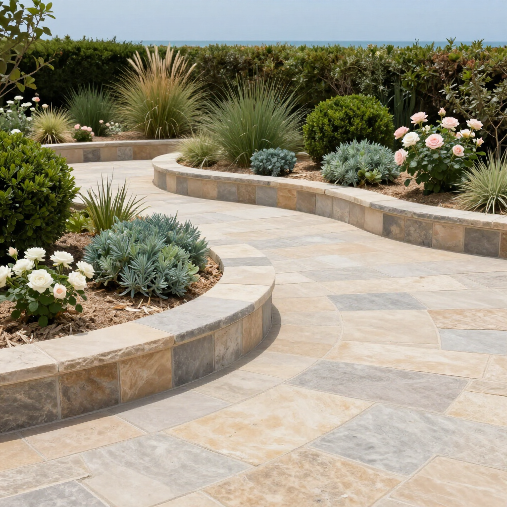 Stone pathway winds through a garden with tiered planting beds.
