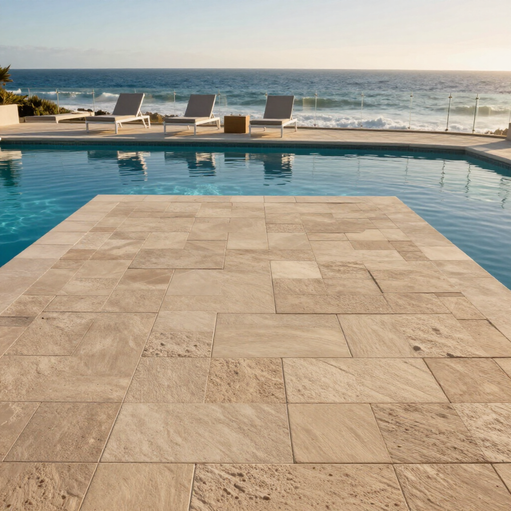 Swimming pool with stone deck overlooking ocean and lounge chairs.