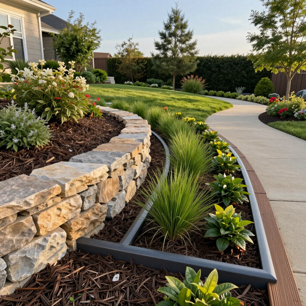Stone retaining wall borders garden path, lush landscaping with flowers and grass.