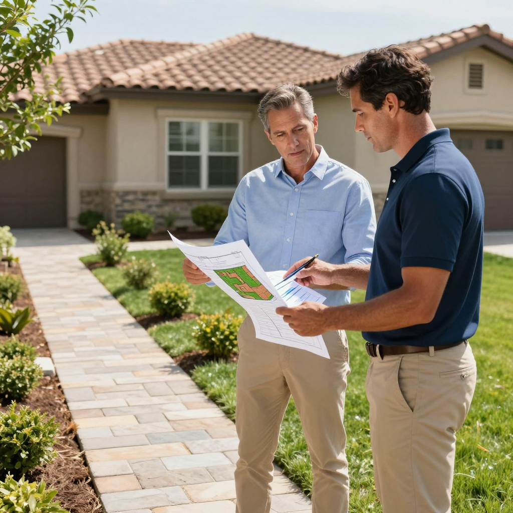 Two men reviewing architectural plans in front of a house.