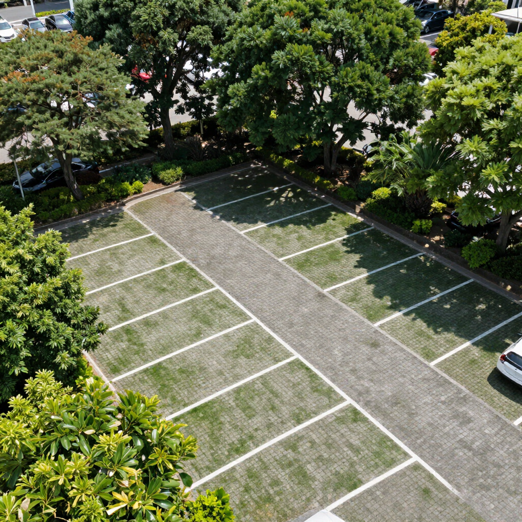 Overhead view of a parking lot with grass-filled spaces, lined with white, among trees. A white car is parked.