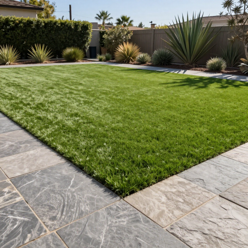 Well-manicured green lawn framed by patterned stone tiles, various shrubs and a fence in the background.